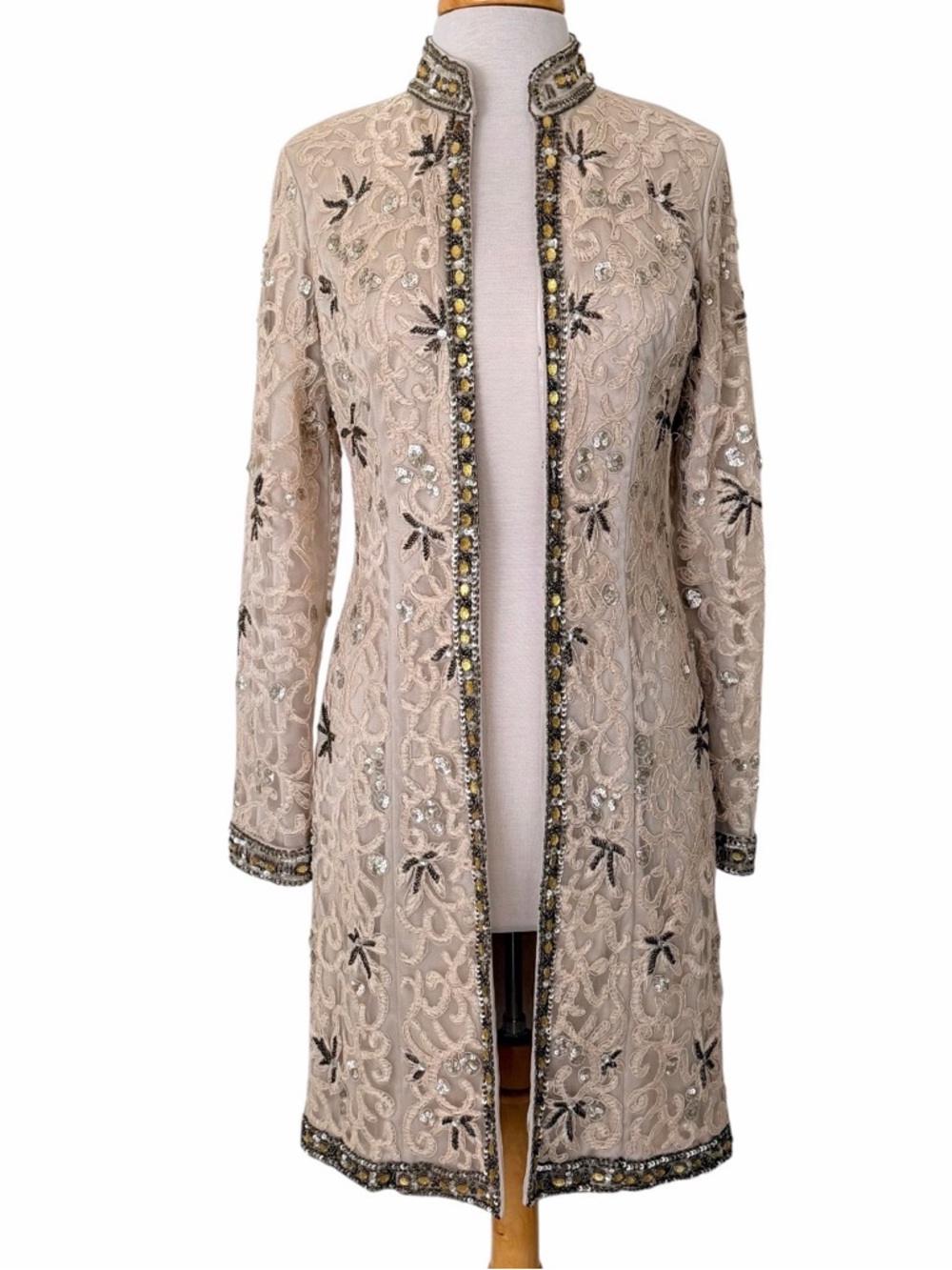 Sue Wong Jacket NWT Beige Beaded Long Sleeve Embroidered Coat Size 6